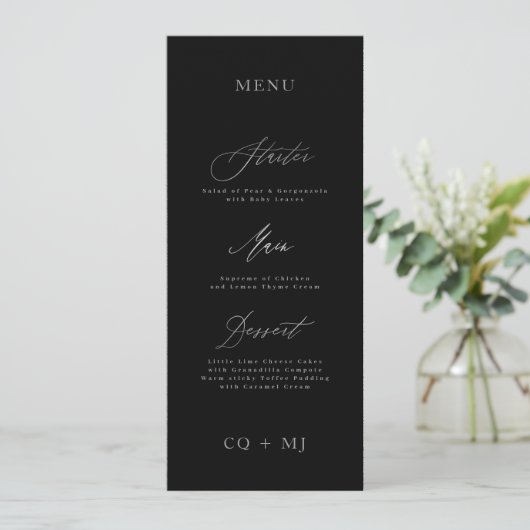 Klassieke Elegante Zwart Zilveren Kalligrafie Brui Menu (Staand voorkant)