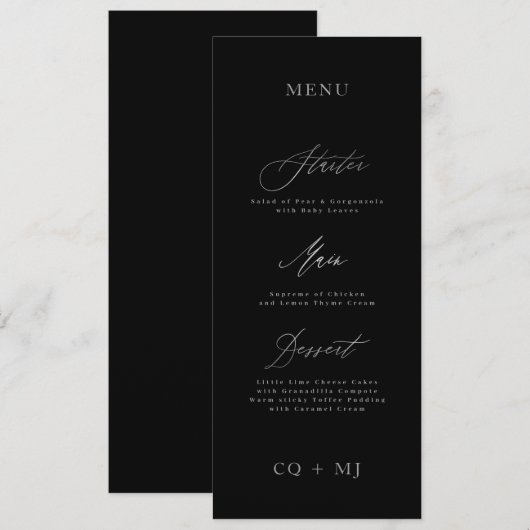 Klassieke Elegante Zwart Zilveren Kalligrafie Brui Menu (Voorkant / Achterkant)