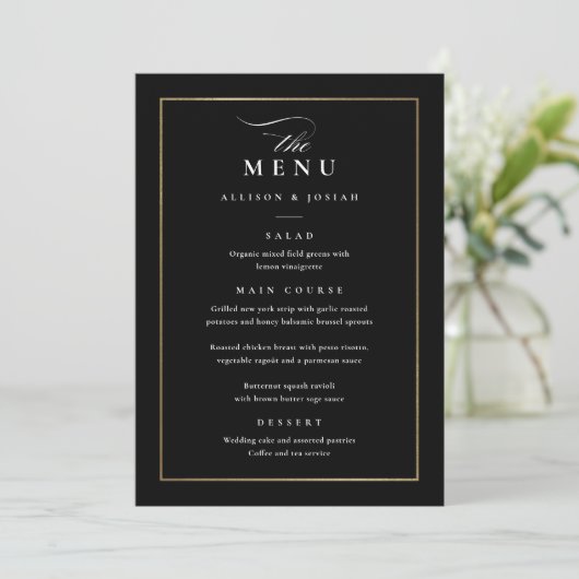 Klassieke Elegante Zwarte en Witte Bruiloft Menu (Staand voorkant)