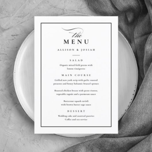 Klassieke Elegante Zwarte en Witte Bruiloft Menu