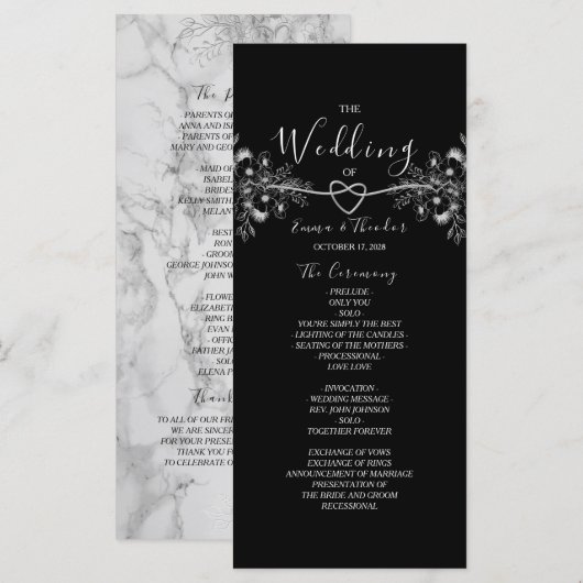 Klassieke Elegante Zwarte en Witte Bruiloft Programmakaart (Voorkant / Achterkant)