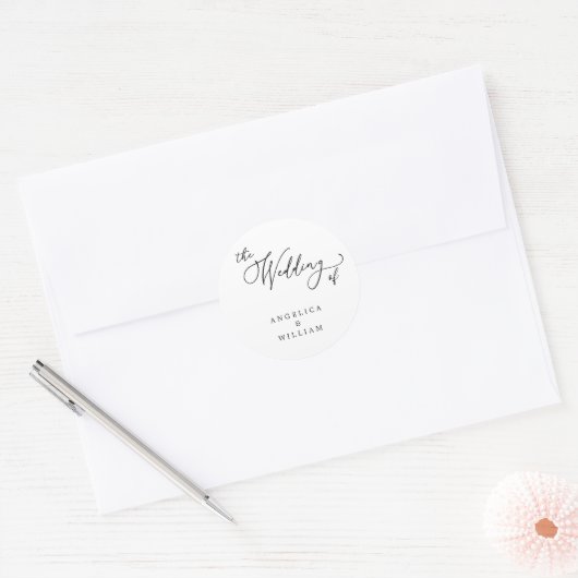 KLASSIEKE ELEGANTE ZWARTE EN WITTE WEDINGSCRIPT RONDE STICKER (Envelop)