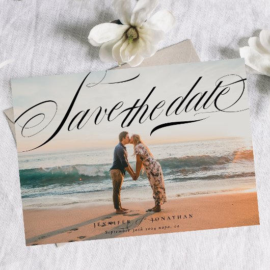 Klassieke Elegante Zwarte Kalligrafie QR Code Foto Save The Date