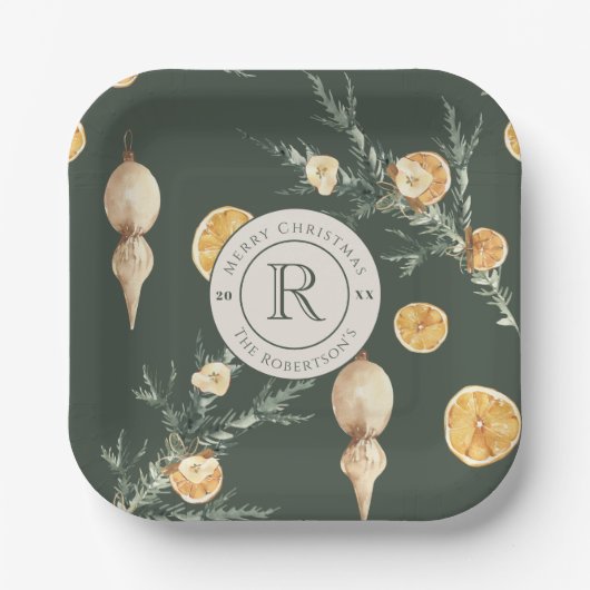 Klassieke Elegantie: Chique Monogrammed Kerstmis Papieren Bordje (Voorkant)