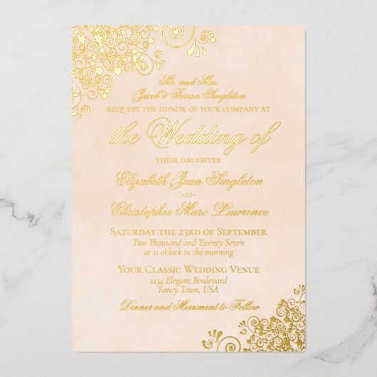 Klassieke elegantie gemarmerde Perzikpleistergoud Folie Uitnodiging (Voorkant)