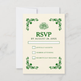 Klassieke Elegantie Ivoor & Smaragd Bloemige Trouw RSVP Kaartje