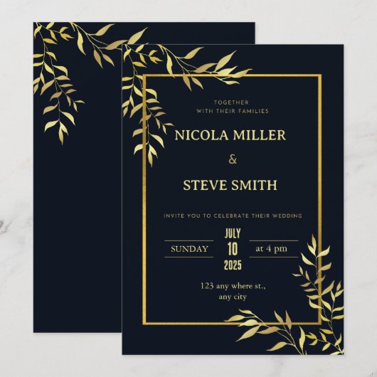 Klassieke elegantie: marineblauw en gouden bruilof kaart (Voorkant / Achterkant)