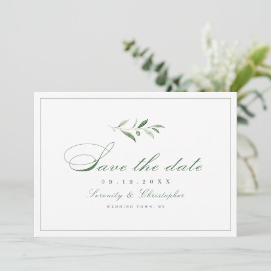 Klassieke elegantie script eenvoudig groen save the date (Staand voorkant)