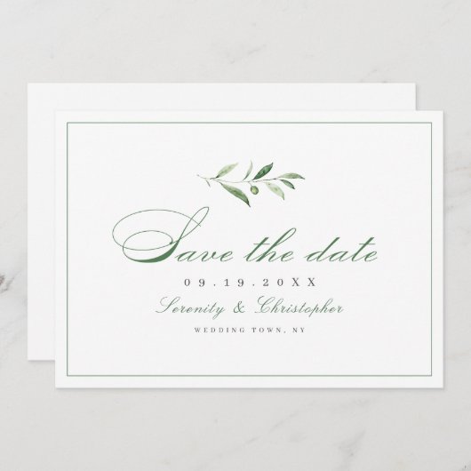 Klassieke elegantie script eenvoudig groen save the date (Voorkant / Achterkant)