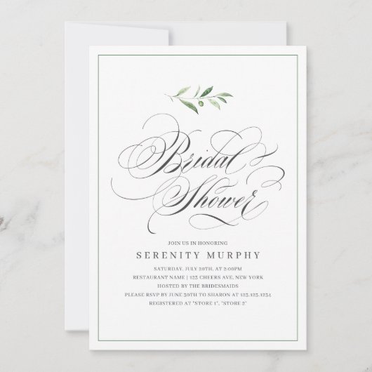 Klassieke Elegantie Script Groene Bruiloftsdouche Kaart (Voorkant)