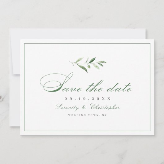 Klassieke elegantie script met eenvoudige groene b save the date (Voorkant)