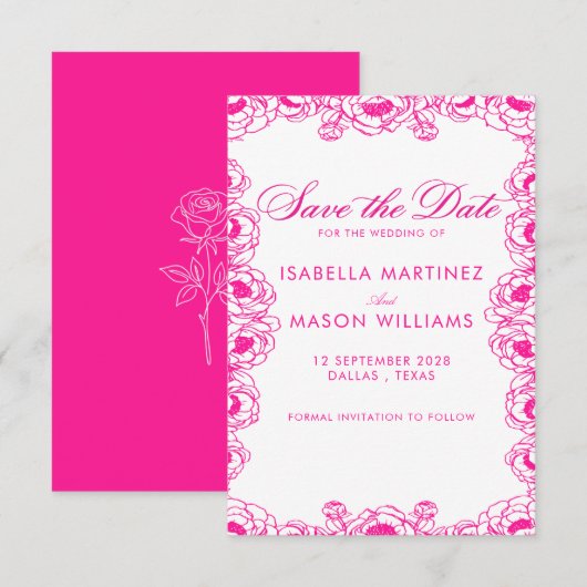 Klassieke elektrische fuchsia bloemen save the dat date (Voorkant / Achterkant)