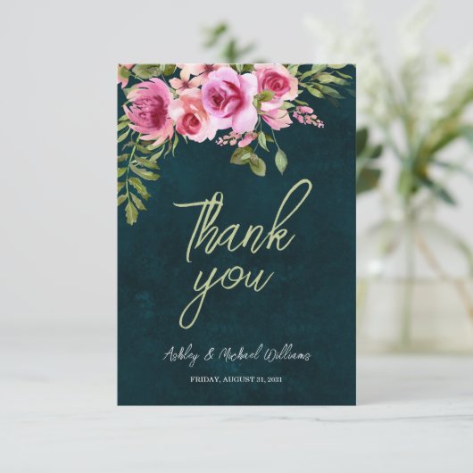 Klassieke Emerald Green Floral Dark Moody Wedding Bedankkaart (Staand voorkant)