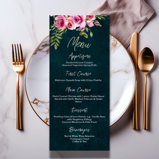Klassieke Emerald Green Floral Dark Moody Wedding Menu