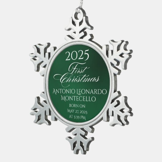 Klassieke Emerald Green Pasgeboren Details Tin Sneeuwvlok Ornament (Rechts)