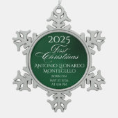 Klassieke Emerald Green Pasgeboren Details Tin Sneeuwvlok Ornament (Voorkant)