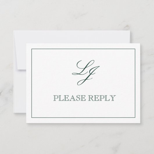 Klassieke Emerald Green Script Monogram geen maalt RSVP Kaartje (Voorkant)