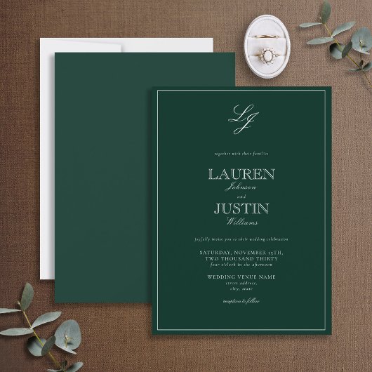 Klassieke Emerald Green Script Monogram Weddenscha Kaart