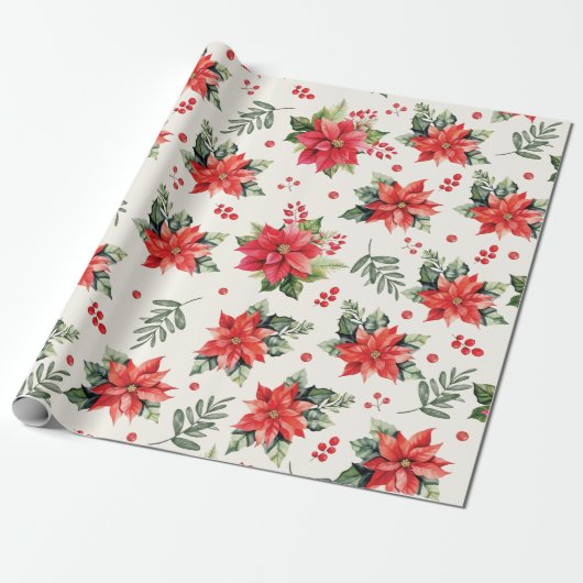 Klassieke en charmante rode poinsettia's en bessen cadeaupapier (Uitgerold)