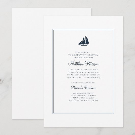 Klassieke en eenvoudige marine doop uitnodiging (Voorkant / Achterkant)
