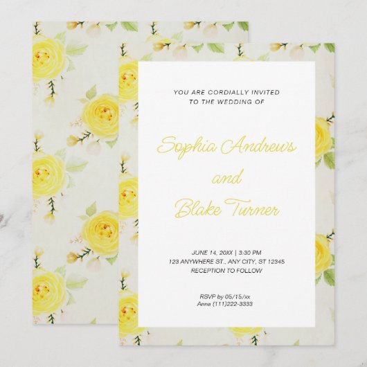 Klassieke en Elegante Gele Bloemige Bruiloft Kaart (Voorkant / Achterkant)