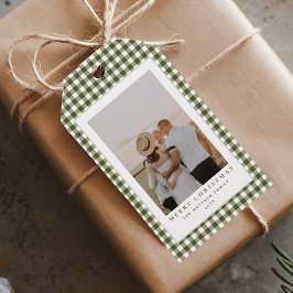 Klassieke en elegante Gingham Family Foto Kerstmis Cadeaulabel