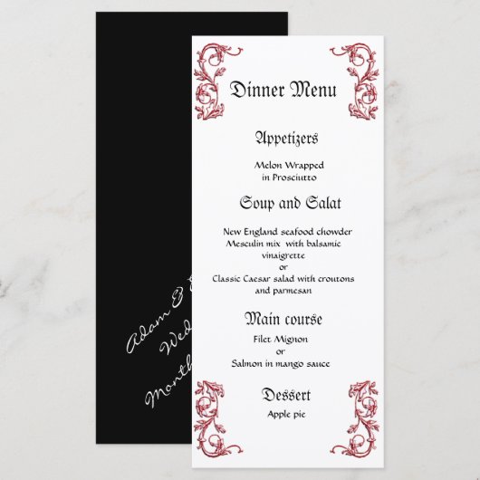 Klassieke en elegante rode zwarte bruiloft diner m menu (Voorkant / Achterkant)