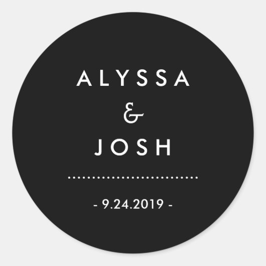 Klassieke en minimale zwarte en witte bruiloft ronde sticker (Voorkant)