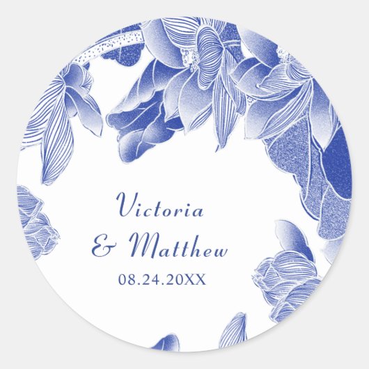 Klassieke en moderne blauwe bruiloft ronde sticker (Voorkant)