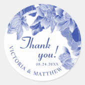 Klassieke en moderne, blauwe Floral Dank u Ronde Sticker (Voorkant)