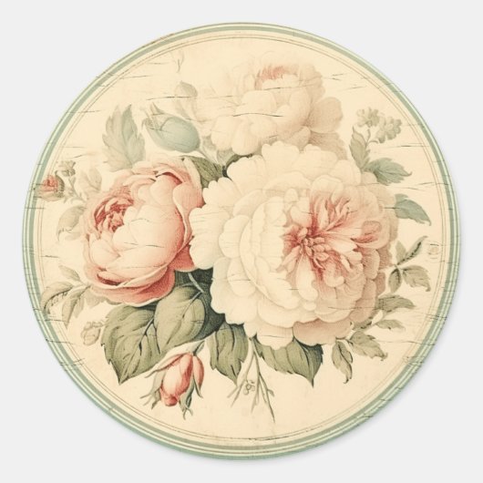 Klassieke Ephemera, Roze & Groen Shabby Chic Ronde Sticker (Voorkant)