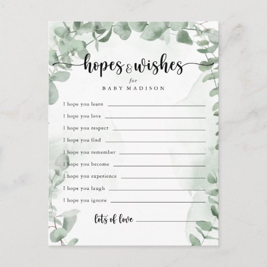 Klassieke Eucalyptus Baby shower Hoppen en wenst K Briefkaart (Voorkant)