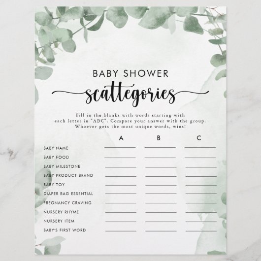 Klassieke Eucalyptus Baby shower Scatories Game (Voorkant)