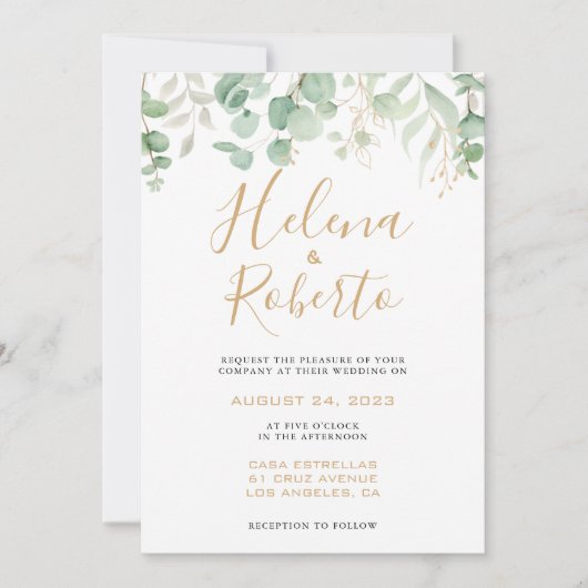 Klassieke Eucalyptus Gold Leaf Formal Wedding Kaart (Voorkant)