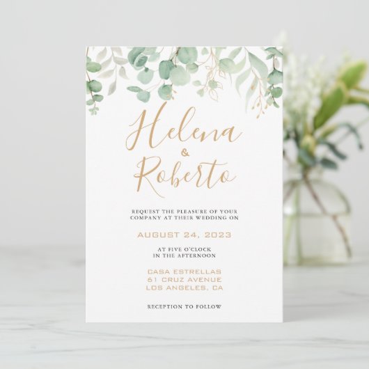 Klassieke Eucalyptus Gold Leaf Formal Wedding Kaart (Staand voorkant)