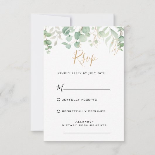 Klassieke Eucalyptus Gold Leaf Wedding RSVP Kaart (Voorkant)