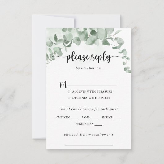 Klassieke Eucalyptus Wedding Menu Keuze RSVP (Voorkant)