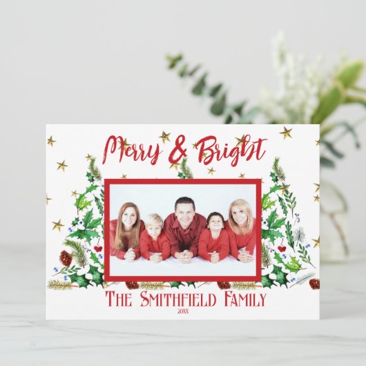 Klassieke Familiefoto 'Vrolijk & Helder' Kerstmis Feestdagenkaart (Staand voorkant)