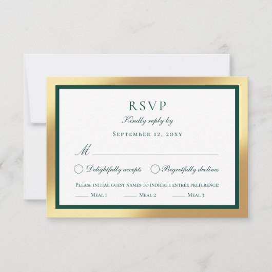Klassieke Faux Gold Emerald Groene Maaltijd Keuze  RSVP Kaartje (Voorkant)
