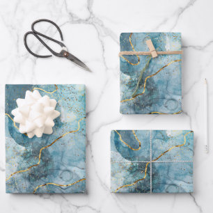 Klassieke Faux Marble Blue/Gold Inpakpapier Vel