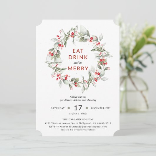 Klassieke feestdag Wreath Berry party uitnodiging (Staand voorkant)