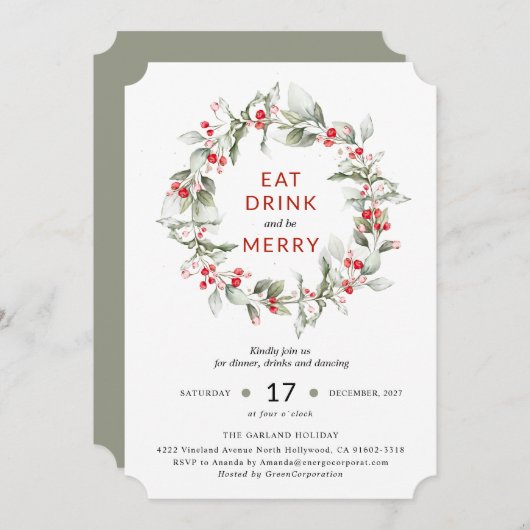 Klassieke feestdag Wreath Berry party uitnodiging (Voorkant / Achterkant)