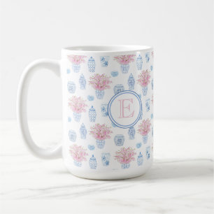Klassieke Feminine-roze en blauwe Ginger-jar-monog Koffiemok
