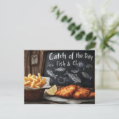 Klassieke Fish & Chips en Blackboard illustratie Briefkaart (Staand voorkant)