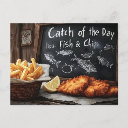 Klassieke Fish & Chips en Blackboard illustratie Briefkaart (Voorkant)