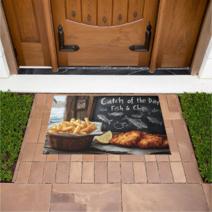 Klassieke Fish & Chips en Blackboard illustratie Deurmat