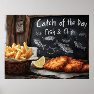 Klassieke Fish & Chips en Blackboard illustratie Poster