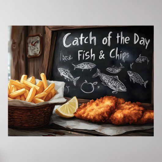 Klassieke Fish & Chips en Blackboard illustratie Poster (Voorkant)
