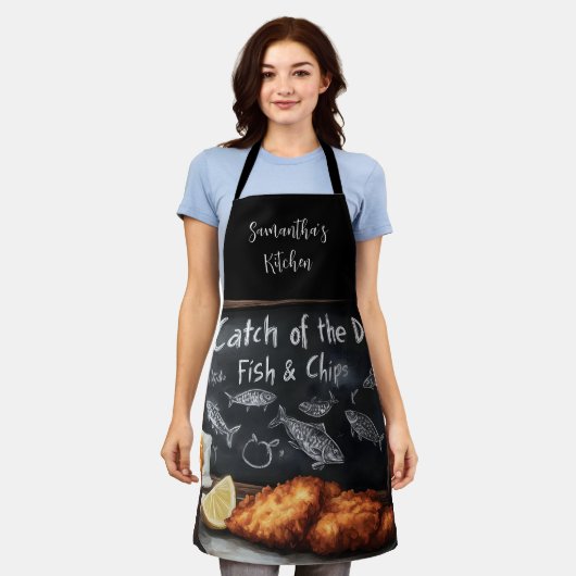 Klassieke Fish & Chips en Blackboard illustratie Schort (Gedragen)