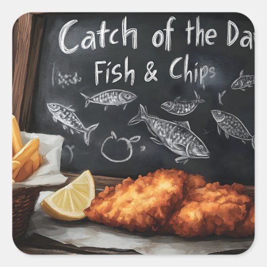 Klassieke Fish & Chips en Blackboard illustratie Vierkante Sticker (Voorkant)